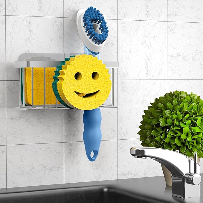 MURLONG Sponge Holder Smiley Face,Sink Caddy,Kitchen Organizer with 2 Suction Cups/1 Adhesive Strips,Designed for Sponge,Soap,Dish Brush,Scrubber - Gray