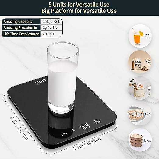 Vitafit 33lb/15kg Digital Food Scale in High Precision 0.1oz/1g, Our Own Kitchen Scale Professional Factory Since 2001, Kitchen Essentials for Cooking & Baking, LED, 3*AAA Battery, Spray Silver Black