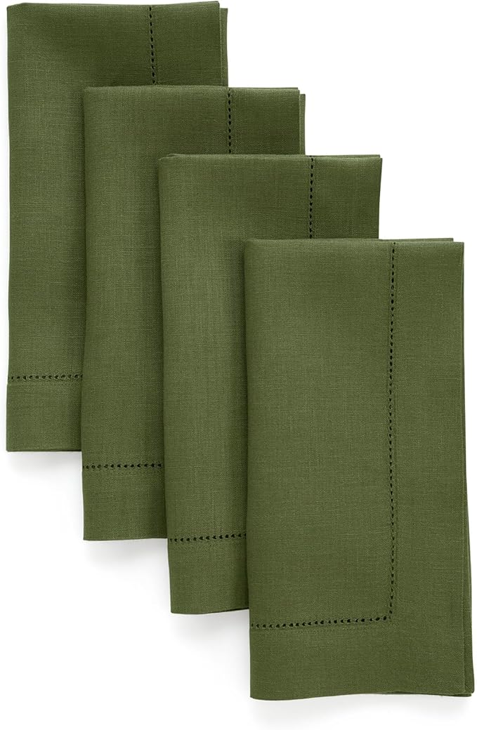 Solino Home Linen Cloth Napkins Set of 4-100% Pure Linen Olive Dinner Napkins 20 x 20 Inch - Classic Hemstitch, Handcrafted and Machine Washable