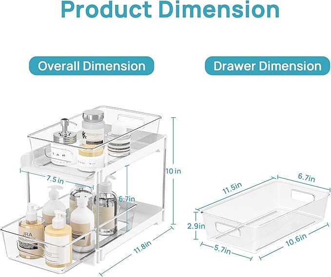 Vtopmart 2 Pack Bathroom Organizer, 2 Tier White Under Sink Organizers Vanity Countertop Storage Container,Cabinet Drawers Bins, Pull-Out Organization with Track for Pantry, Kitchen