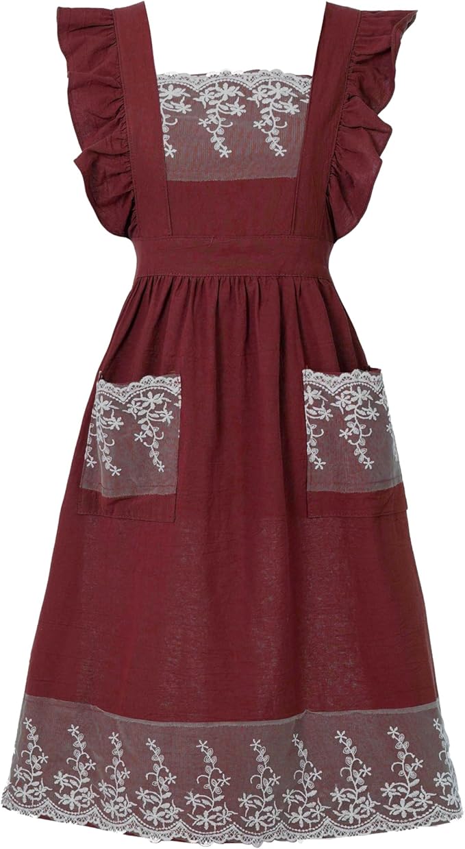 Aoomzoon Vintage Aprons for Women with Pockets Cute Lace Ruffle Adjustable Apron for Cooking Kitchen Baking Gardening