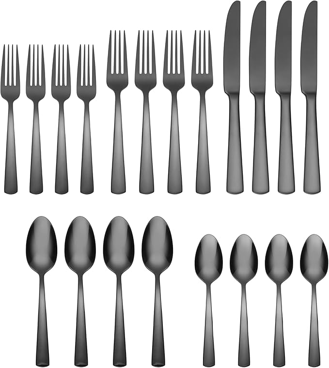 Oneida Silverware Set, Aptitude Glossy Midnight 20-Piece Flatware Set, Service For 4, 18/0 Stainless Steel, Knife Spoon And Fork, Dishwasher Safe, Utensils, Kitchen and Dining (Black, 20 Pieces)