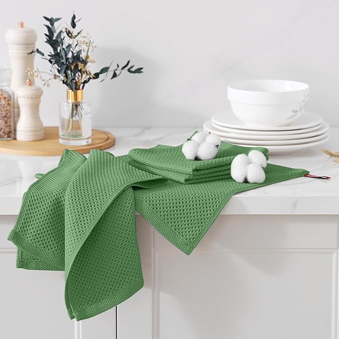 Kitinjoy 100% Cotton Kitchen Towels and Dishcloths Set, 8 Pack-13" x 28" and 12" x 12" Waffle Weave Dish Towels, Ultra Soft Absorbent Quick Drying Dish Rags, Grass Green