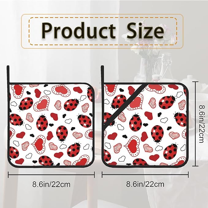 Ladybugs Hearts Pot Holder Set of 2,Heat Resistant Potholders Oven Hot Pads for Kitchen Cooking Baking BBQ