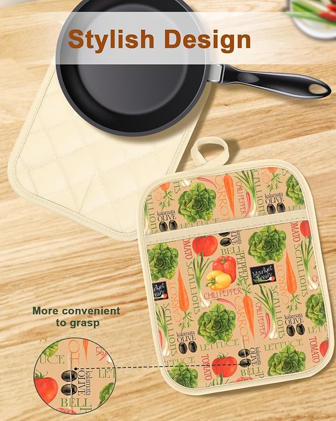 Swooflia 100% Cotton Pot Holders 2 Pack Set for Kitchen with Pockets - Cute 440°F Heat Resistant Oven Hot Pads Heavy Duty for Countertop Home Cooking Baking Microwave BBQ Vegetables