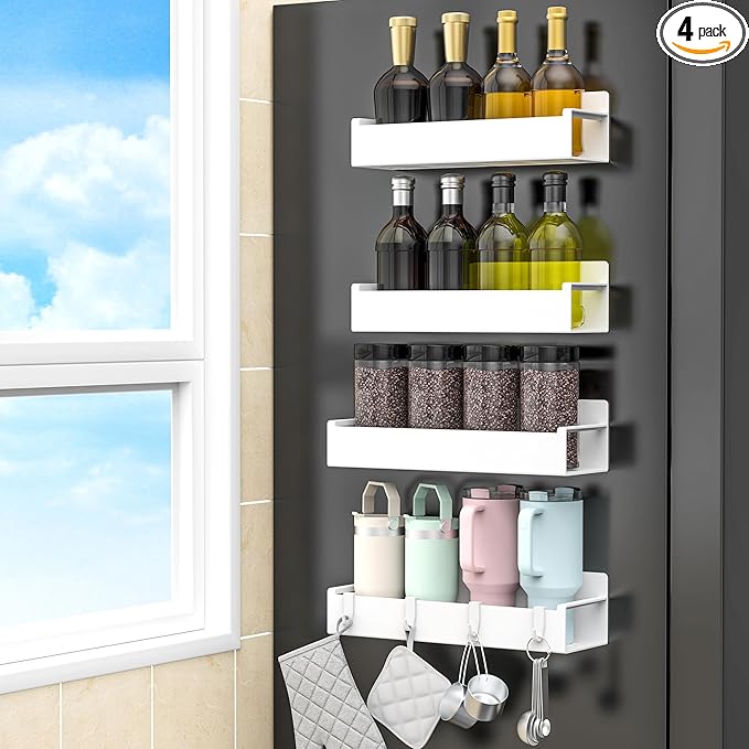 HuggieGems 4 Pack Magnetic Spice Rack Organizer for Refrigerator and Oven, White Fridge Organizers and Storage for Kitchen