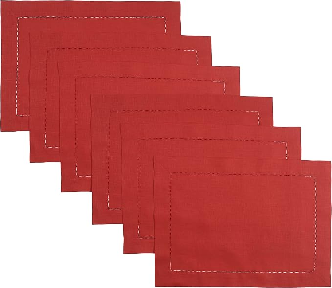 D'Moksha Homes Linen Placemats Set of 6 - Classic Hemstitch Bright Red Placemats 14 x 19 Inch - 100% Pure Linen Table Mats for Mothers Day, Spring - Handcrafted and Machine Washable
