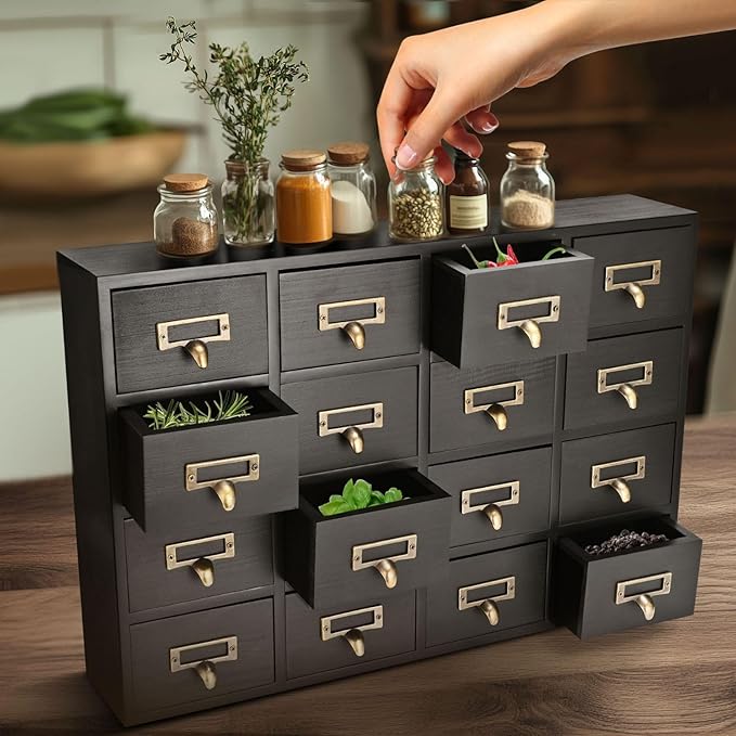 Flexzion Apothecary Cabinet with Drawers - 16 Vintage Apothecary Drawers Desktop Organizer for Home & Office - Wooden Tabletop Library Card Catalog Cabinet Storage for Jewelry, Makeup & Tools, Black