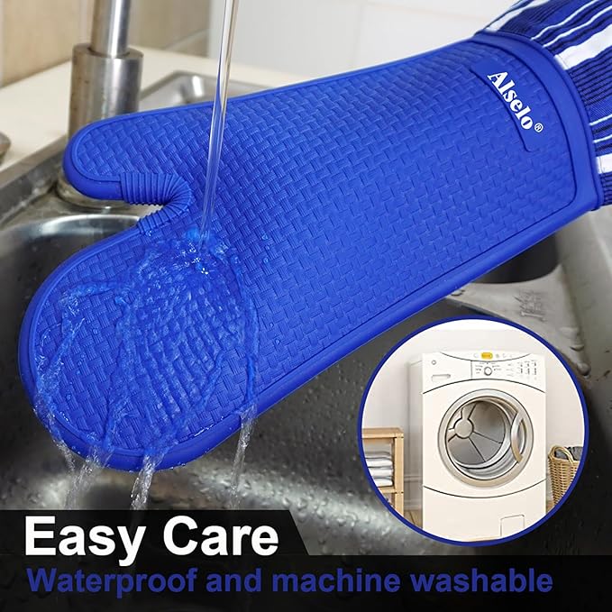 Alselo Oven Mitts Heat Resistant Silicone Kitchen Gloves for 550 Degrees with Waterproof and Non-Silp, Oven Gloves for Baking Cooking Barbecue Microwave Machine Washable (Extra Long Navy, 2)