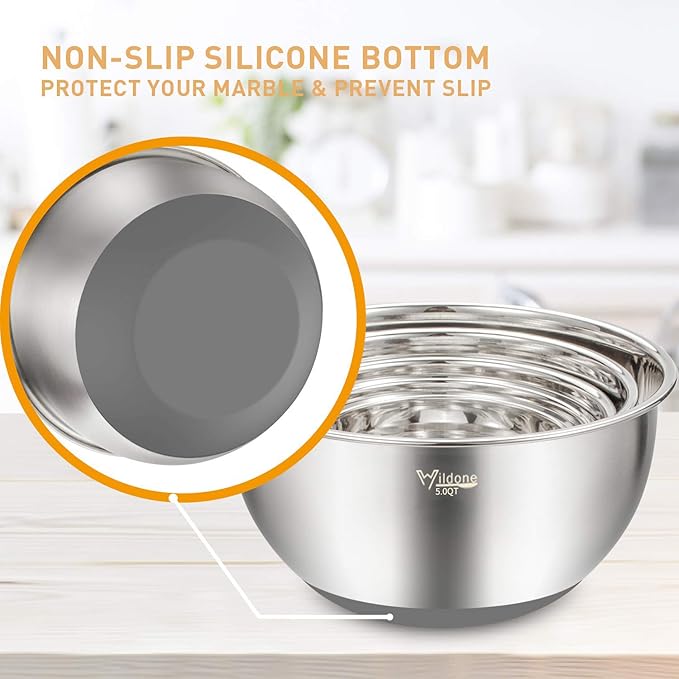 Wildone Mixing Bowls with Airtight Lids Set, 5PCS Stainless Steel Nesting Bowls Set for Kitchen, with Grater Attachments & Non-Slip Bottoms, Size 5, 3, 2, 1.5, 0.63 QT, Great for Baking & Serving