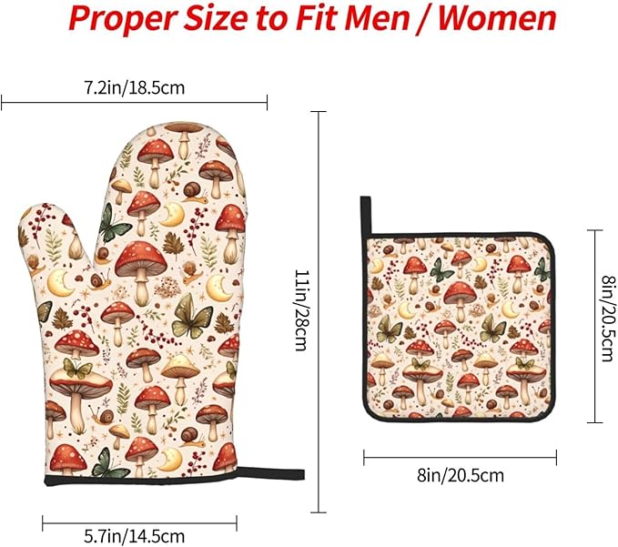 Mushroom Pot Holders and Oven Mitts Set, Botanic Farmhouse Potholders and Oven Mitts for Baking Cooking Grilling BBQ, Mushroom Gifts for Women Chef Baker