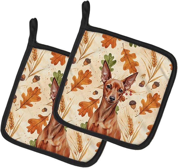 Caroline's Treasures Red Miniature Pinscher Min Pin Heirloom Fall Pair of Pot Holders Pair 7.5x7.5 Quilted Insulated Hot Pads Decorative Kitchen Gift Made in USA