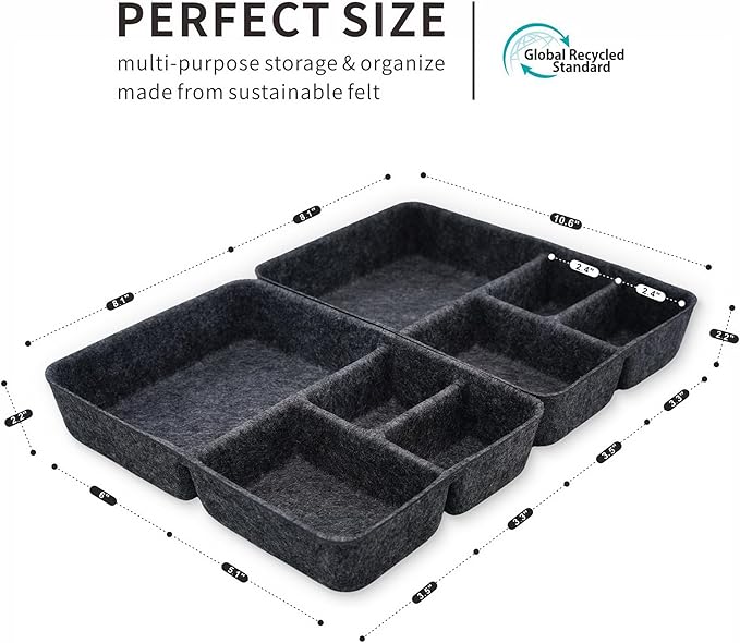 Welaxy 2-piece Junk Drawer Organizer bin 4 Compartments Office home dorm 2 dividers Felt Trays Drawers Multi-Purpose Storage (Charcoal x 2)