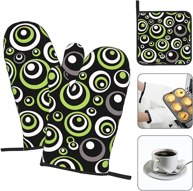Black Green Retro - Geometric Oven Mitts and Pot Holders Set of 3, Non-Slip Heat Resistant Green and Black White Circle Pattern Kitchen Gloves for Cooking Baking Grilling, Gift for Women, Home Decor