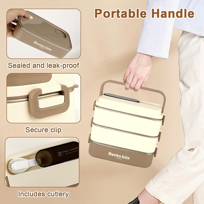 Suteng Triple-Layer Bento Box Adult All-in-One Design | 2.1L Stainless Steel Lunch Containers for Adults | Leakproof Microwave-Safe Food Container with Cutlery(Spoon) & Hidden Handle | Beige