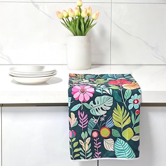 18” x 30” Highly Absorbent Kitchen Towels, Quick Dry Microfiber Tea Towel, Dish Towels for Kitchen Drying, Ultra Soft Premium Hand Towels (Flowers)