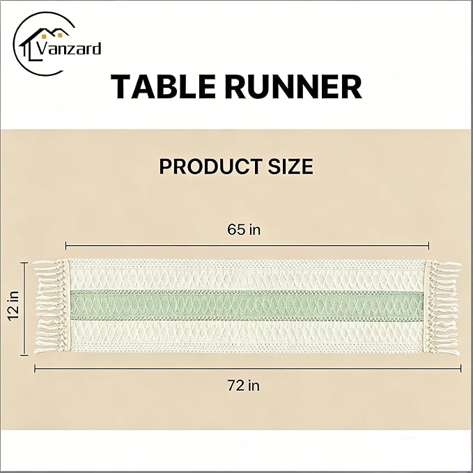 Boho Table Runner for Home Decor with Tassels 72 Inches Long , Farmhouse Rustic Green Table Runners for Bohemian Kitchen Dining Table(12x72in)