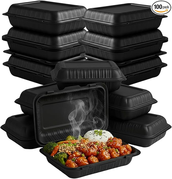 Front Lock MFPP Hinged Container, Black Clamshell Disposable Takeout Boxes, Durable Microwaveable To-Go Containers for Restaurant & Food Service, 9" x 6" – 100 Pack