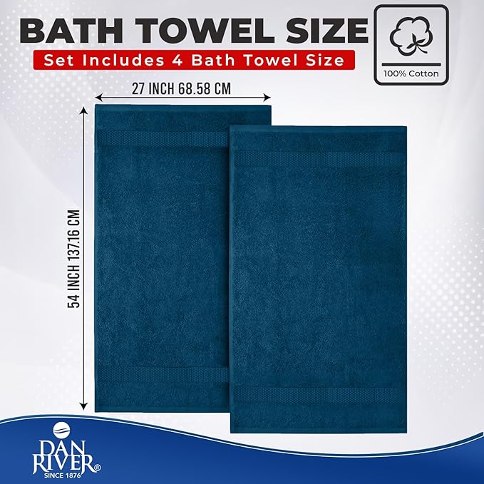 DAN RIVER Bath Towels Set of 4, 27 x 54 Inches, 100% Cotton, Larger & Lighter Weight, Quicker to Dry, Super Soft and Absorbent, Ideal Opal Blue Bath Towel for Daily Use