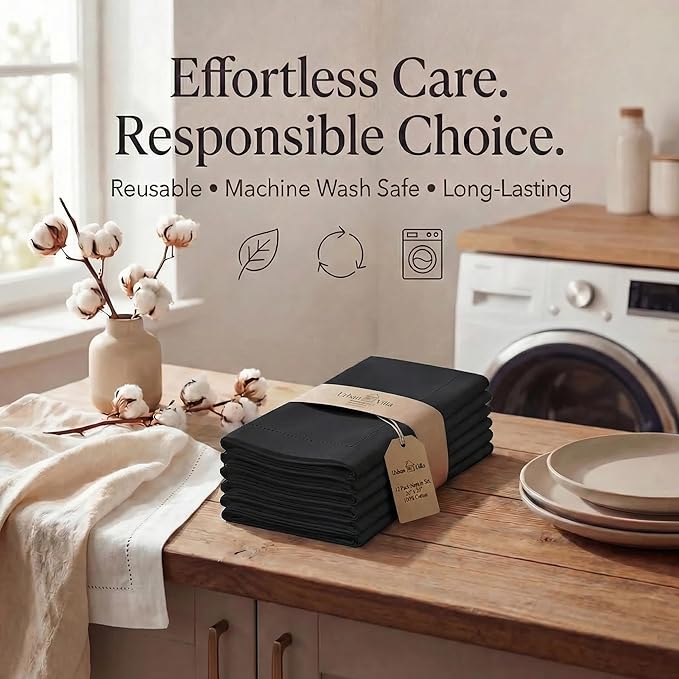 Urban Villa Cloth Napkins Set of 12 20x20 Inches 100% Cotton Hemstitch Napkins Cloth Washable Durable Reusable Absorbent Table Dinner Napkins Cloth for Hotel Lunch Restaurant Weddings Parties – Black