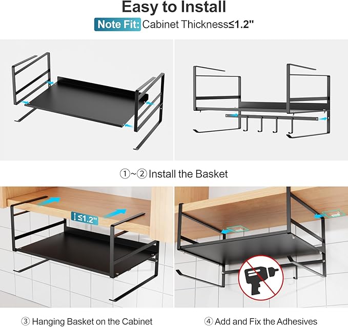 iSPECLE Under Shelf Basket- Multi-Purpose Under Shelf Storage Mug Hooks, Add Extra Storage Space Under Cabinet with Paper Towel Holder and Coffee Cup Hooks, Easy to Get Items, Black
