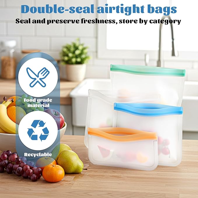 30 Pack Reusable Silicone Food Storage Bags, 4 Size Dishwasher Safe Freezer Bags, Leakproof Reusable Food Storage Silicone Bag for Sandwich, Meat, Snack