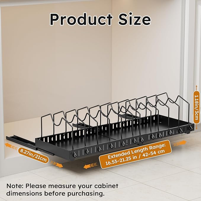 DTUQYX Pull-out Pots and Pans Organizer Under Cabinet - 1 Pack Expandable Pot and Pan Organizer Rack with 12 Adjustable Dividers for Pot, Cutting Board, Dishes, Lid, Baking Tray