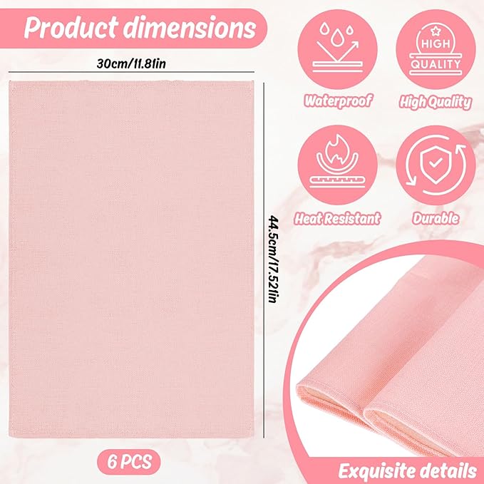 JarThenaAMCS 6Pcs Pink Placemats Heat Resistant Waterproof Linen Table Place Mats Decorative Dinner Mats for Home Kitchen Wedding Banquet Party Dining Table Decor