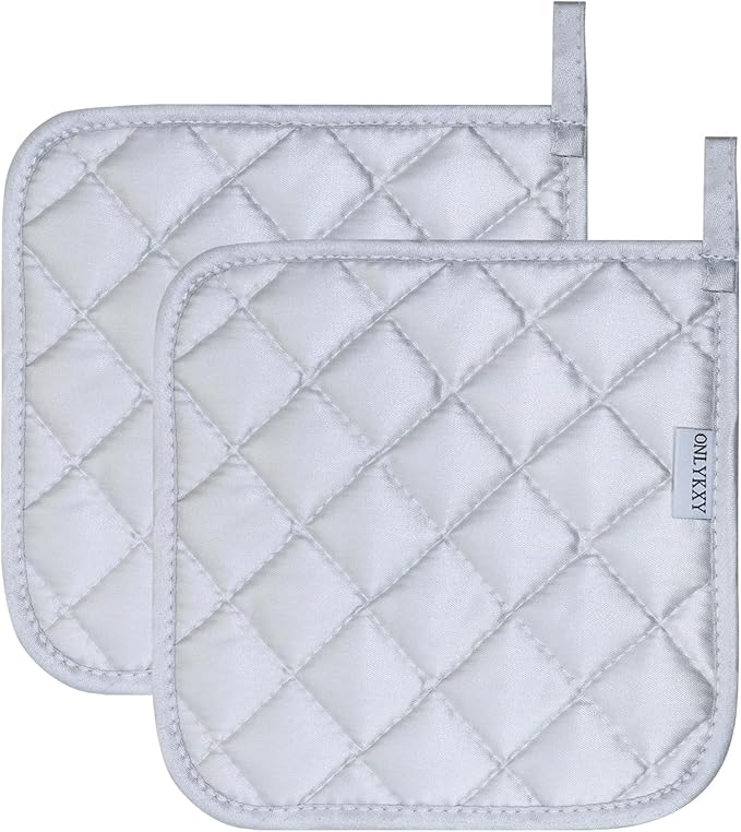 ONLYKXY 2pcs Cotton Heat Resistant Pads Basic Square Pot Holder 20cm/7.87inch Multipurpose Quilted Liner Little Trivet Cloth Potholders for Hot Cold Kitchen Baking Cooking Oven (Silver)