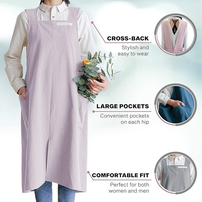 HANEE Cotton Aprons for Women and Men | Cross-Back Apron with Pockets