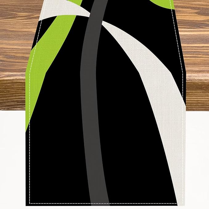 Abstract Geometric Table Runner Green Grey and White Striped Black Background Modern Kitchen Dinner Runner for Indoor Home Living Room Party Dining Table Decoration 13"x36"