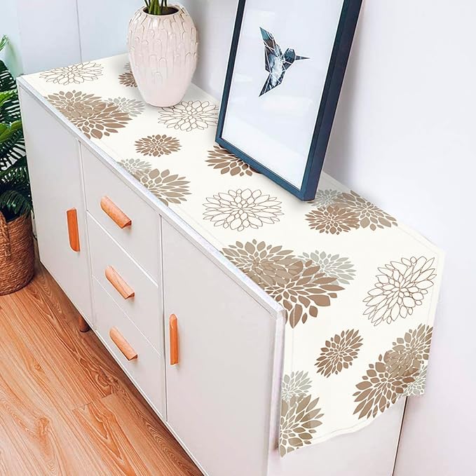 Coffee Brown Dahlia Table Runner Modern Elegant Flower Beige Table Runners Geometric Pompon Farmhouse Table Center Decor for Home Kitchen Dining Party Indoor Outdoor (13x90 Inch)