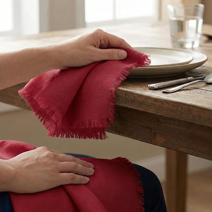ACCENTHOME Red Cotton Linen Napkin Set of 12 18x18 inch Dinner Napkins - Washable Soft Premium Hotel Quality Reusable Hemmed Edges Napkins Perfect Table Linens for Family Dinners, Weddings