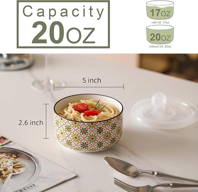 Ceramic Bowls Set with Lid: Microwave Safe Soup Containers for Meal Prep, Cereal, Salad, Picnic, Camping, Office Lunch, Kitchen Food Storage - 5 Inch, 20 oz, 4 PCS, Design C