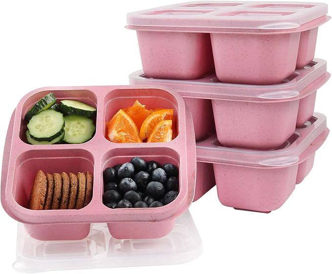 LCHLZZ 4 Pack Snack Containers, 4 Compartment Snackle Box Container, Reusable Meal Prep Lunchable Container, Microwave Dishwasher Safe, Divided Food Storage Containers for Work Travel (Pink)