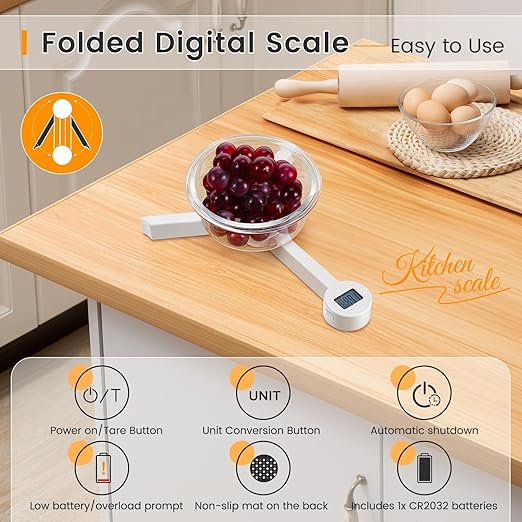 Folding Food Scale,Digital Kitchen Scale,Highly Accurate Compact Small Scale with LCD Display,Portable Food Scale Multiple Units Supported, Travel Scale for Measuring Intake of Healthy