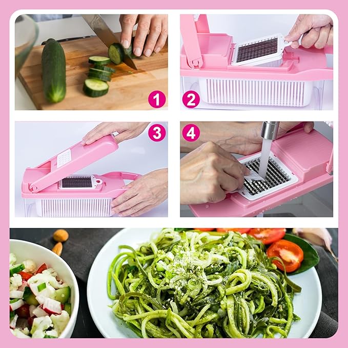 16-in-1 Vegetable Chopper & Mandoline Slicer with Container, Multifunctional Food Chopper, Onion Dicer & Grater for Potato, Carrot, Garlic and Salad, Kitchen Gadgets & Essentials (Pink)