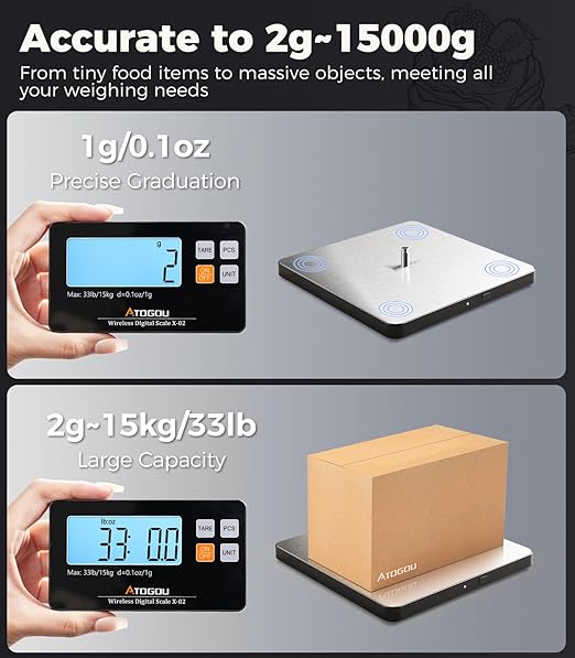 Atogou Upgraded Wireless Food Scale, 33lb/15kg Kitchen Scale with Detachable Display & Larger Platform, 0.1oz/1g, 9 Units, Counting Function, Stainless Steel, for Cooking, Baking, Shipping, Black