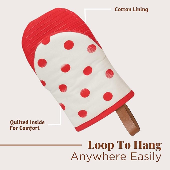 Folkulture Oven Mitts - Set of 2 (5.75"x9") | Polka Red Oven Mitts with Hanging Loop for Cooking Gifts, Kitchen Decor| 100% Cotton, Silicone Heat Resistant Mini Mitts for Kitchen Essentials