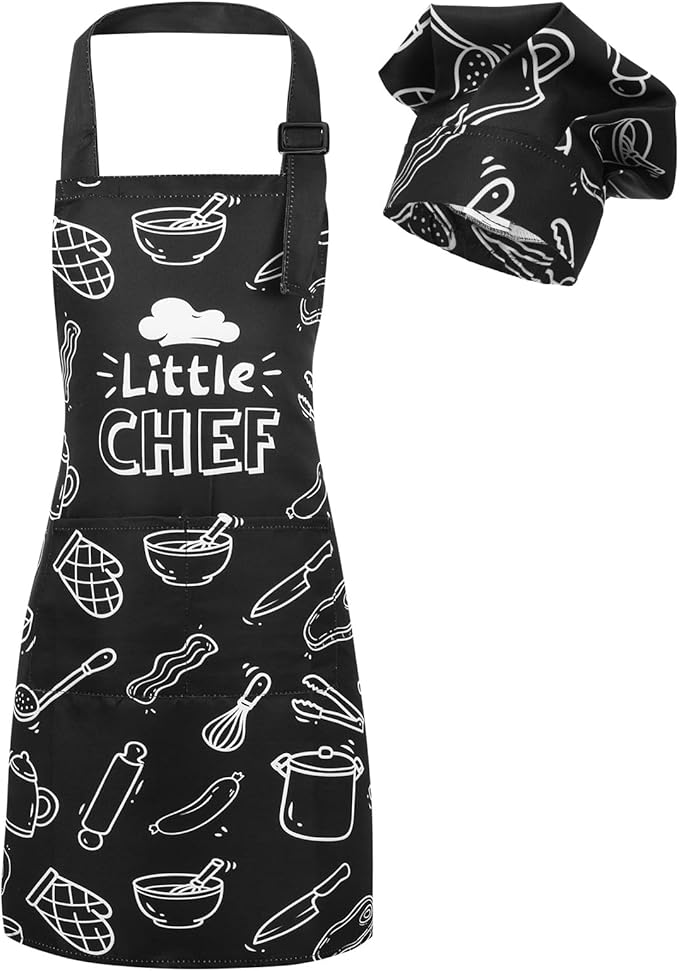 Kids Apron and Chef Hat Set, Funny Apron with 2 Pockets, Adjustable Kids Aprons for Cooking for Boys and Girls