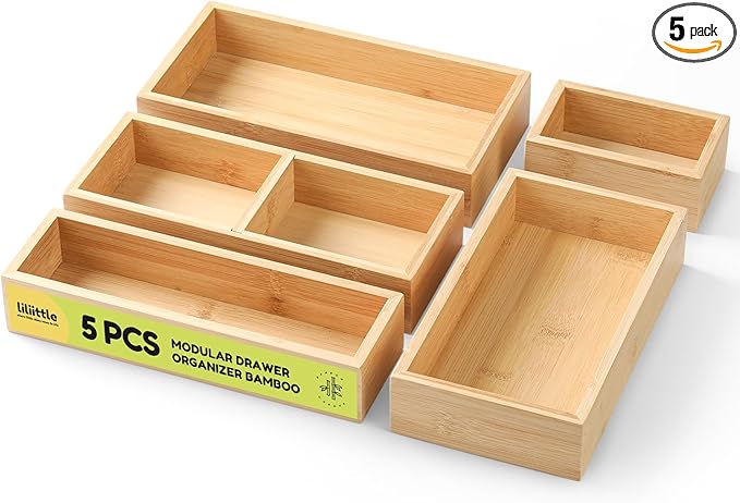 lilLittle Bamboo Drawer Organizer, 5 Pcs Kitchen Drawer Organizer Set, Multi Purpose Utensil Drawer Organizer, Silverware Organizer for Kitchen, Bathroom, Office, Junk Drawers