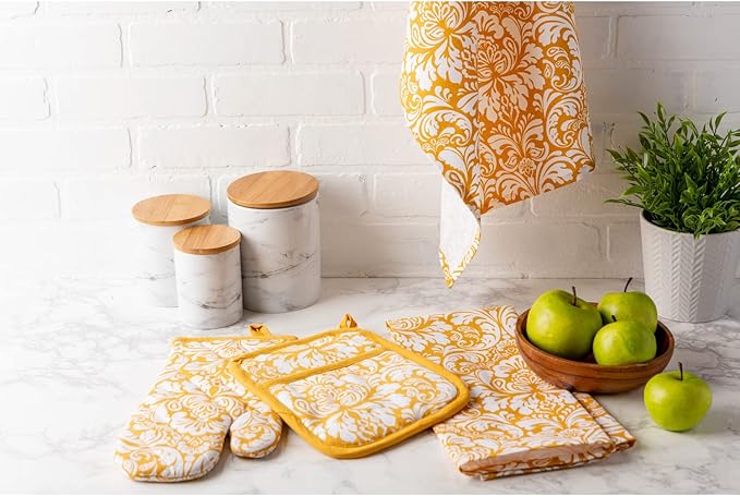 DII Quilted Kitchen Oven Mitt & Potholder Set, Hanging Loop for Convenient Storage, OM 6.5x12/PH 8x8.5, Mustard Damask Print, 2 Piece
