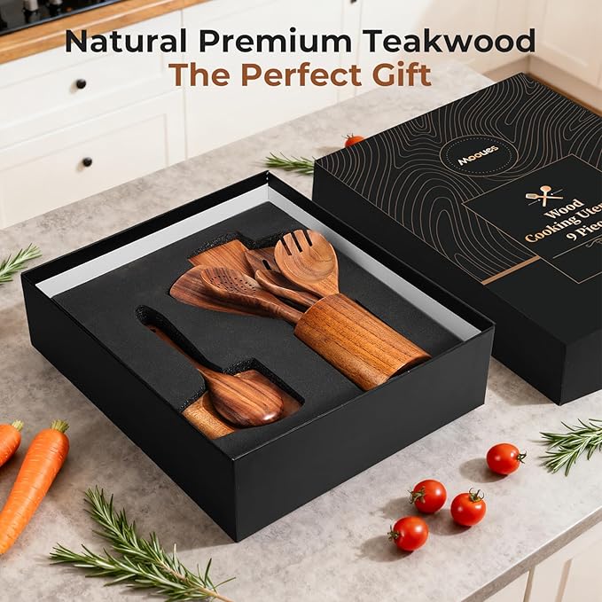 Wooden Spoons for Cooking, 9 PCS Teak Wood Cookware Utensil Set - Smooth Finish, Non-Stick, Comfortable Grip, Heat Resistant Kitchen Utensils Gift Box
