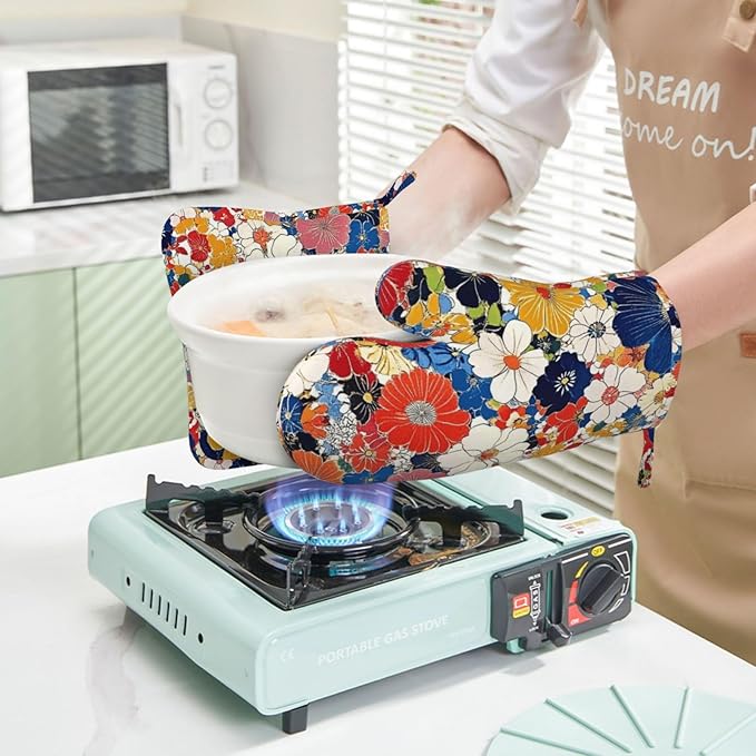 Oven Mitts and Pot Holders Colorful Flower Ethnic Art Silicone Kitchen Accessories Set of 2 Heat Resistant Long Gloves Potholder Non-Slip Grip for Chef Cooking,Baking,Grilling,BBQ