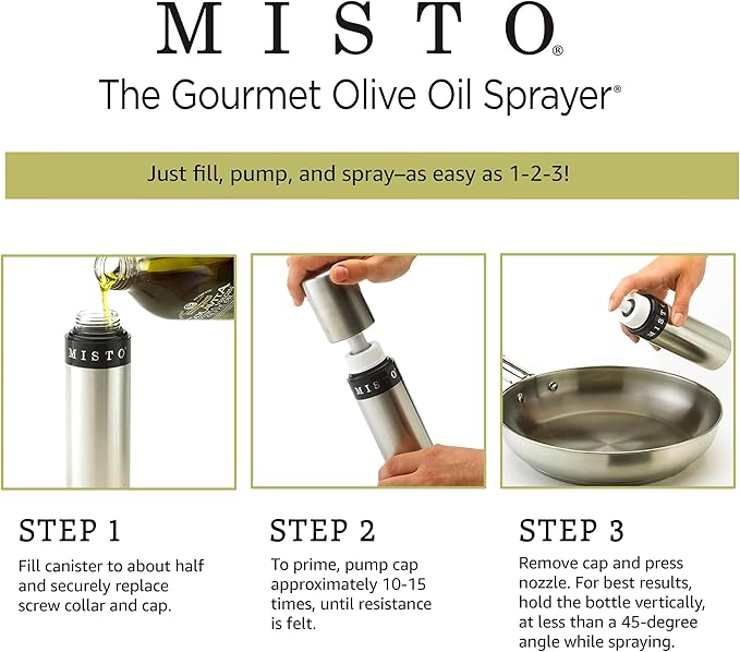 Misto Aluminum Oil Sprayer, Set of 2, Versatile Refillable Aerosol Sprayers for Olive Oil, Vinegar, Lemon Juice, Dressings, and More, Ideal for Cooking, BBQ, and Air Fryers