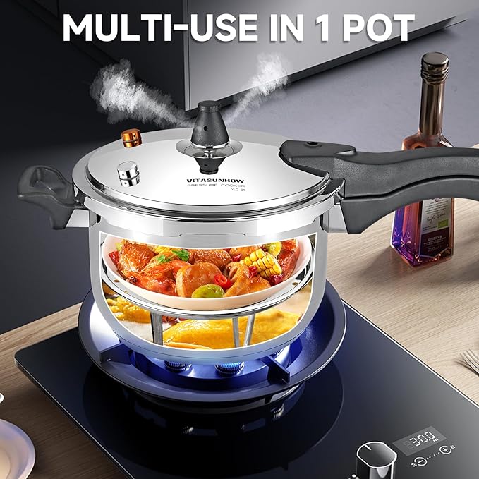 Stainless Steel Pressure Cooker with Steamer Basket, Faster Cooking and Safety Pressure Release (7-Liter)