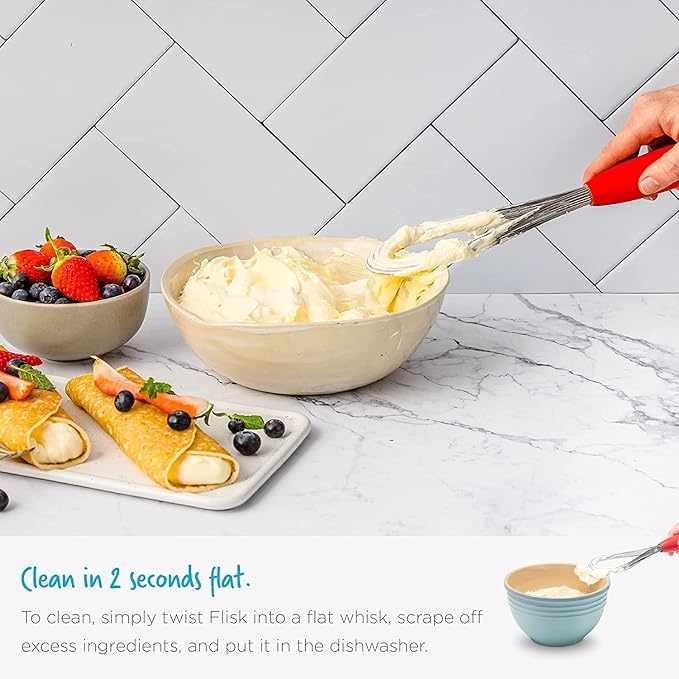 Dreamfarm Flisk 3-in-1 Fold-Flat, Space-Saving Baking, Cooking, Sauce & Deglazing Stainless Steel Balloon Whisk - 12" Red"