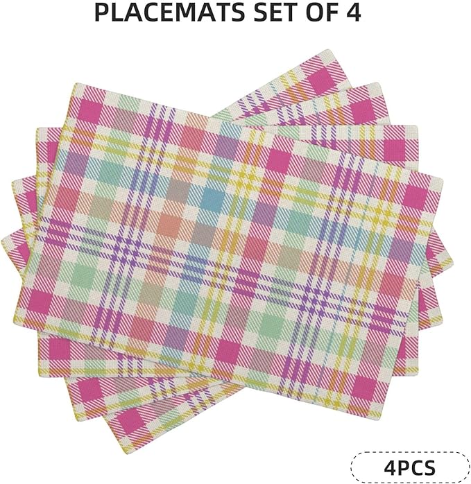 Easter Checkered Placemats Set of 4 Spring Colorful Buffalo Plaid Decor Place Mats 12x18 Inch Gingham Holiday Linen Table Mats for Home Kitchen Dining Party Table Decoration