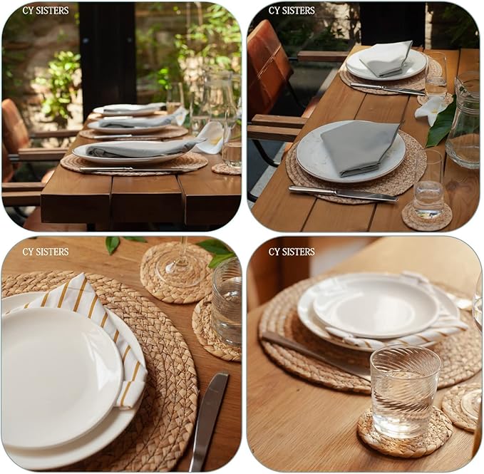 Round Woven Placemats Set of 4, Natural Water Hyacinth Place mats, 13.5 Inch Rattan Placemats Wicker Placemats Farmhouse Boho Braided Heat Resistant Outdoor Placemat Patio Table Place Mats