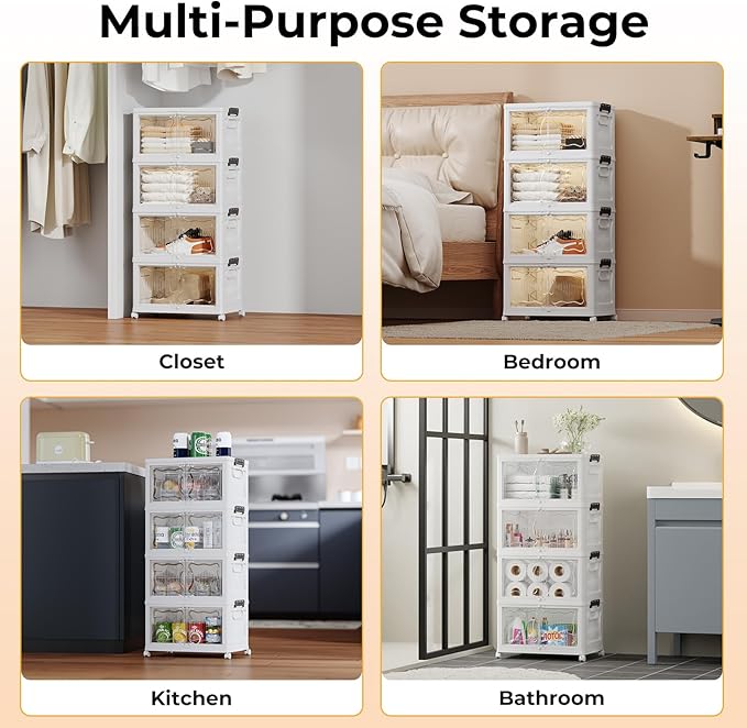 OlarHike 23QT Stackable Lockable Storage Bins with Lid - Removable Storage Box with Doors and Wheels, Plastic Containers for Closets and Organization, Living Room, Office, Bathroom, 4 Pack Cubes